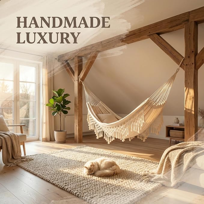 Outdoor Hammock Garden Cotton Hammock Macrame Fringe Hammocks Boho Balcony Hammocks with Handmade Tassels 2 Person Double Hamock 480lbs for Home,Backyard,Beach,Patio