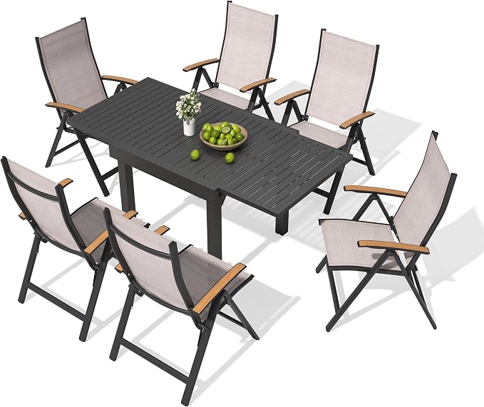 Pellebant 7 Piece Aluminum Outdoor Dining Set for 6 Peron, Expandable Outdoor Dining Table and Foldable Adjustable Backrest Chairs, Weather Resistant Outdoor Furniture Set for Deck, Porch & Backyard