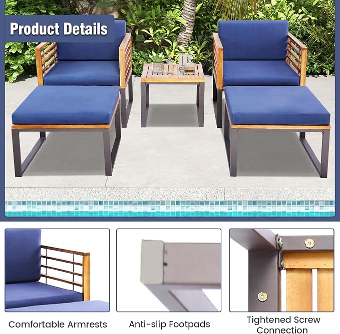 Tangkula 5 Pieces Acacia Wood Patio Furniture Set with Ottomans, Outdoor Conversation Set with Soft Cushions and Coffee Table for Poolside, Garden, Balcony and Backyard, Navy