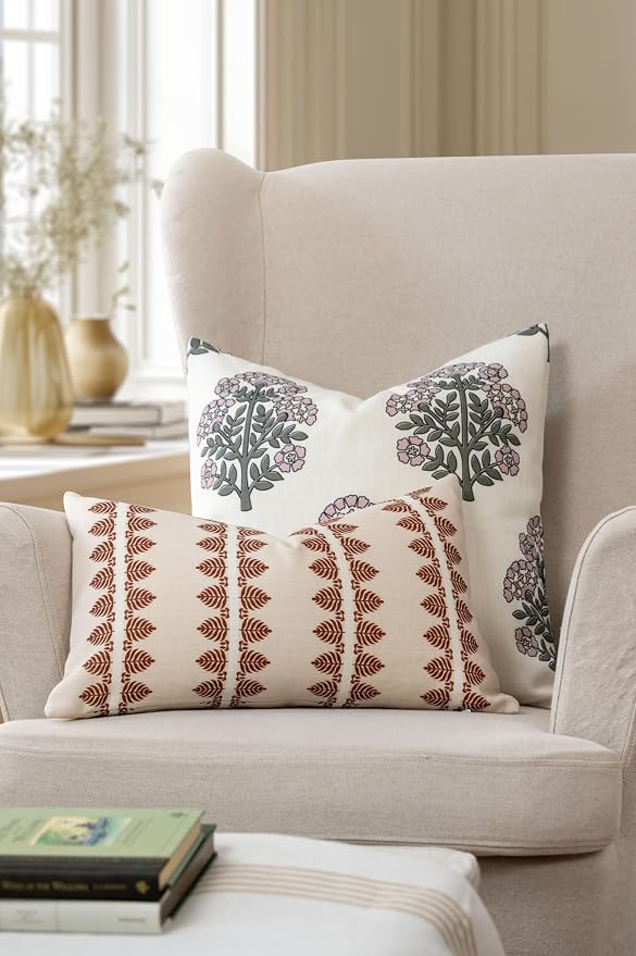Crumbs Home Modern Farmhouse California Casual Indoor Outdoor Throw Pillow Cover, 20"x20" Water Repellent for Patio, Backyard, Couch, Poolside, Green Dark Rose Block Print Hydrangea Flowers