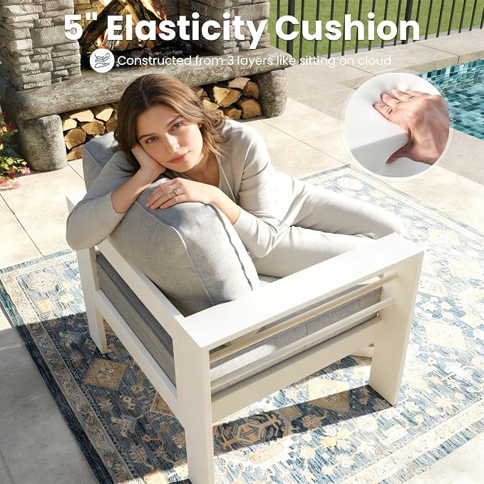 4 Pieces Modern Aluminum Patio Furniture Set, Outdoor Conversation Sets Metal Sectional Sofa with Coffee Table