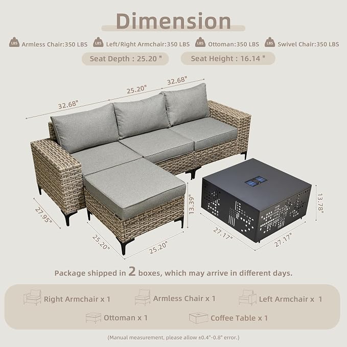 CAODOC 5-Piece Patio Furniture Set with L-Shape Sofa Chaise, Outdoor Sectional Couch Solar Table, Modern Modular Wicker Rattan Conversation Set