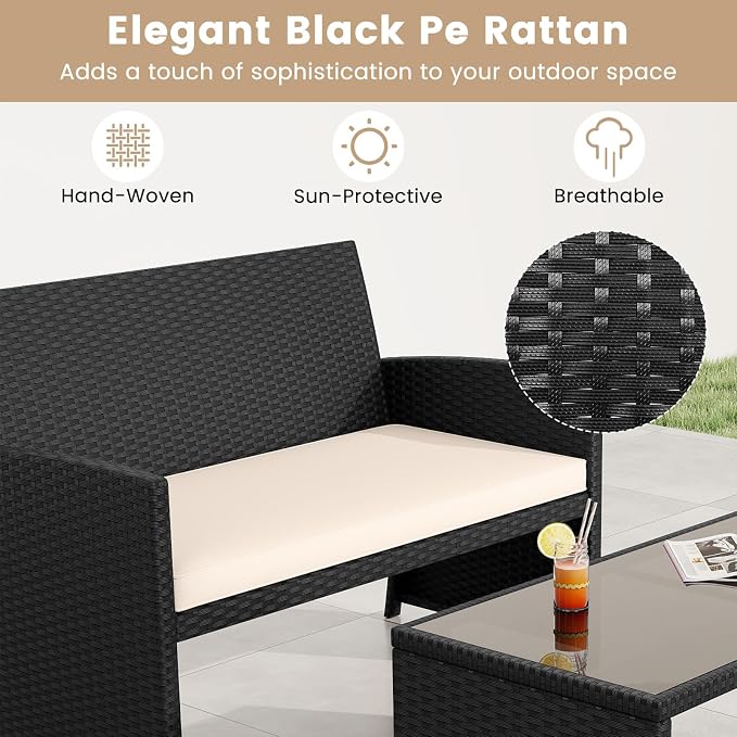 Tangkula 4 Pieces Patio Wicker Furniture Set, Outdoor Heavy Duty Rattan Cushioned Chairs, Loveseat and Tempered Glass Coffee Table, for Backyard, Balcony, Poolside (1, Off White)