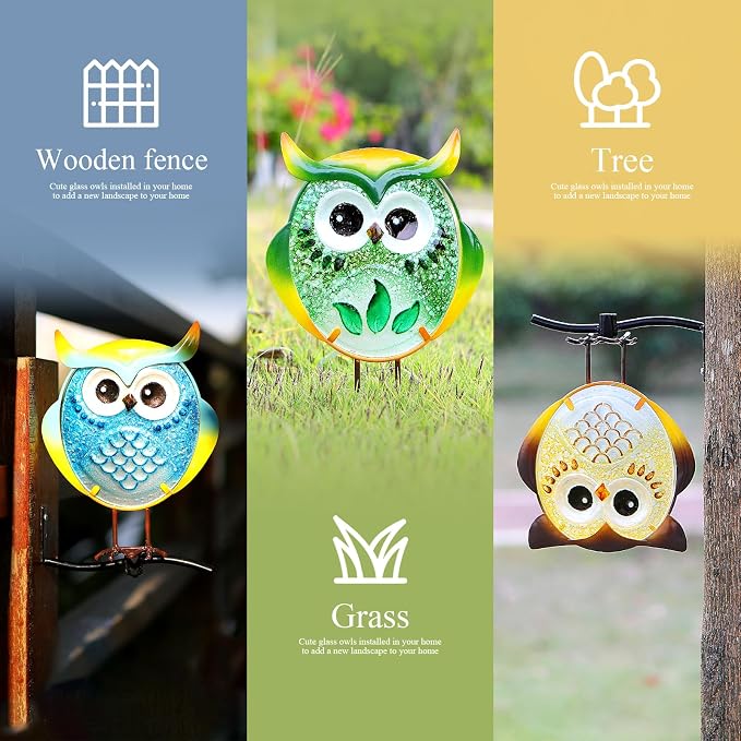 LEGIFO Owl Garden Decor for Outside, Stand & Tree Hugger Outdoor Owls Stakes Yard Art Set of 3, Funny Metal & Glass Stake Gifts for Grandma Mom Women