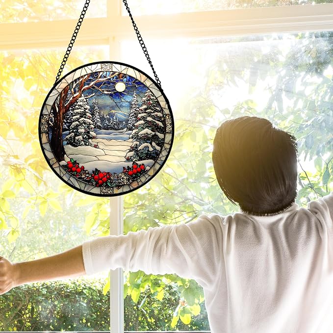 DASTOLL Stained Glass Window Hanging Christmas Tree Winter Snow Night Scenery Large 11.8" - Suncatcher Door Garden Kitchen Sun Catcher Home Decor Birthday for Mom Men Woman Friend