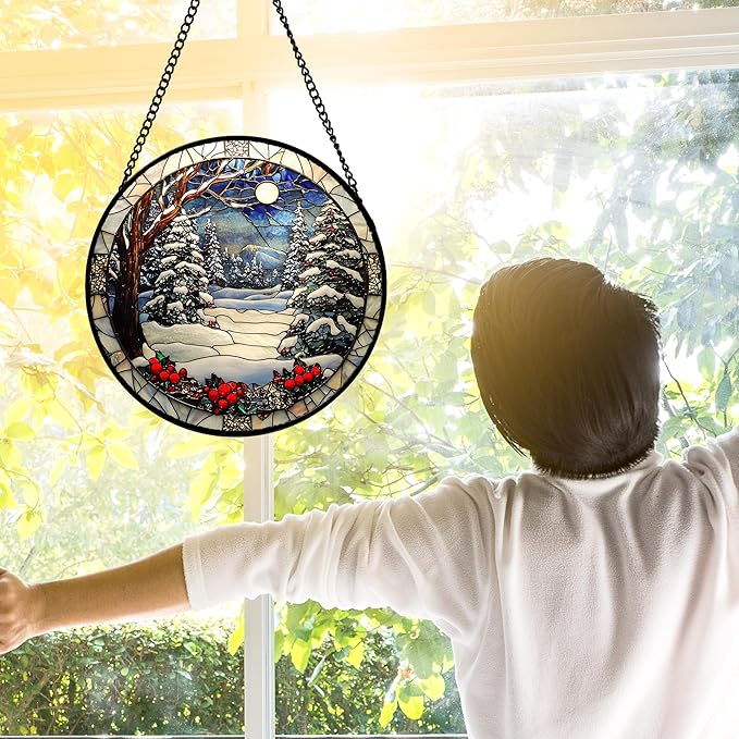 DASTOLL Stained Glass Window Hanging Christmas Tree Winter Snow Night Scenery 6.3" - Suncatcher Door Garden Kitchen Sun Catcher Home Decor Birthday for Mom Men Woman Friend