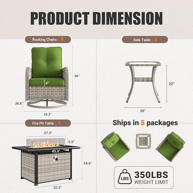 10Pcs Patio Rocking Swivel Chair with 55,000 BTU Fire Pit Table Outdoor Wicker Rattan Bistro Set with Tempered Glass Side Table, Patio Furniture Set for Garden and Balcony, Avocado Green