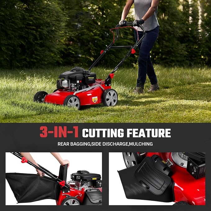18" Gas Lawn Mower, 131cc Gas Powered Lawnmower Self Propelled, Walk-Behind Push Lawn Mowers with 13-Gal Grass Bag, 8 Position Height Adjustment for Yard Trimmer Gardening Care and Lawns Maintenance