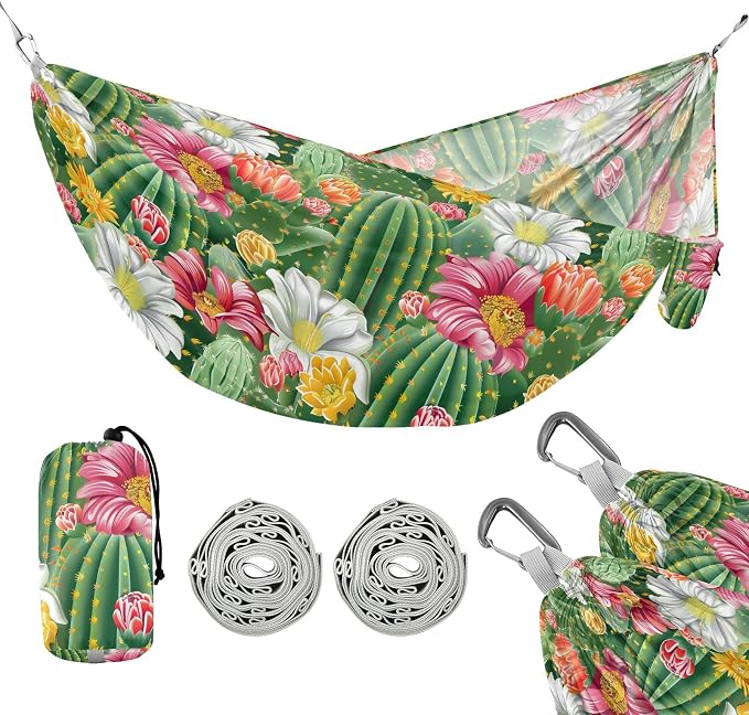 Camping Hammock Outdoor Hammocks for Outside Cactus Flowers Beach Trees Portable Lightweight with Pockets Tree Straps Indoor