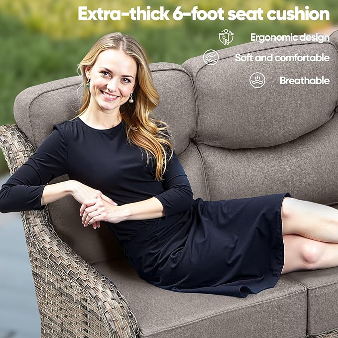 Swivel Patio Chairs Sofa Set of 6-6" Thick Cushion - Wicker Outdoor Swivel Rocker Patio Chair,Sofa/Side Table, High Back Comfortable Outdoor Glider Chairs - Grey Wicker | Grey Cushions