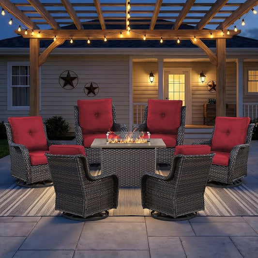 7 Piece Patio Furniture Set with 41" Fire Pit Table - High Back Swivel Glider Patio Chairs Set of 6, All Weather Deep Seating Outdoor Conversation Set for Porch Deck Yard Pool Brown