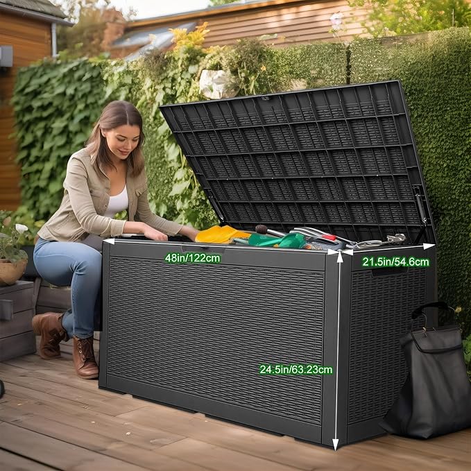 120 Gallon Waterproof Large Resin Deck Box, Lockable Storage Container for Patio Cushions, Garden Tools, Indoor & Outdoor (Black)