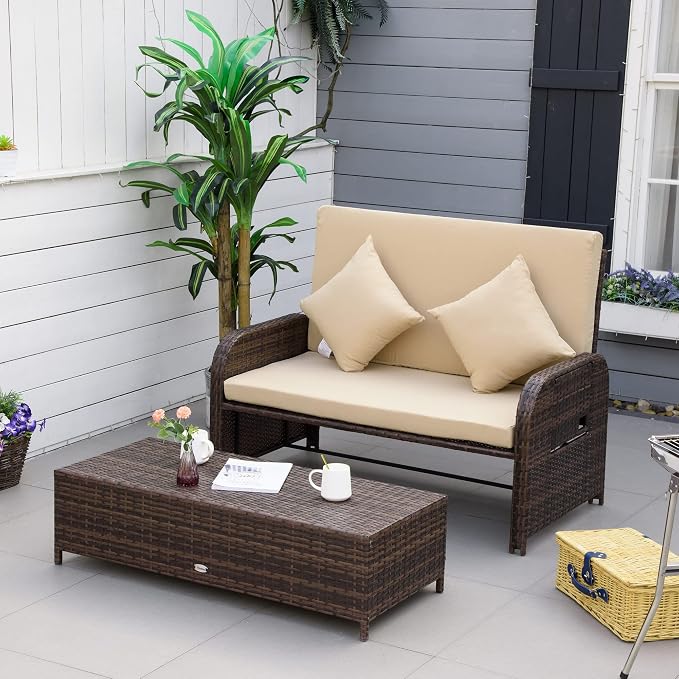 Outsunny Patio Rattan Daybed with Cushions, Wicker Outdoor Bed Lounger w/Loveseat, Storage Ottoman, Coffee & Side Tables, for Poolside, Porch, Backyard, Beige