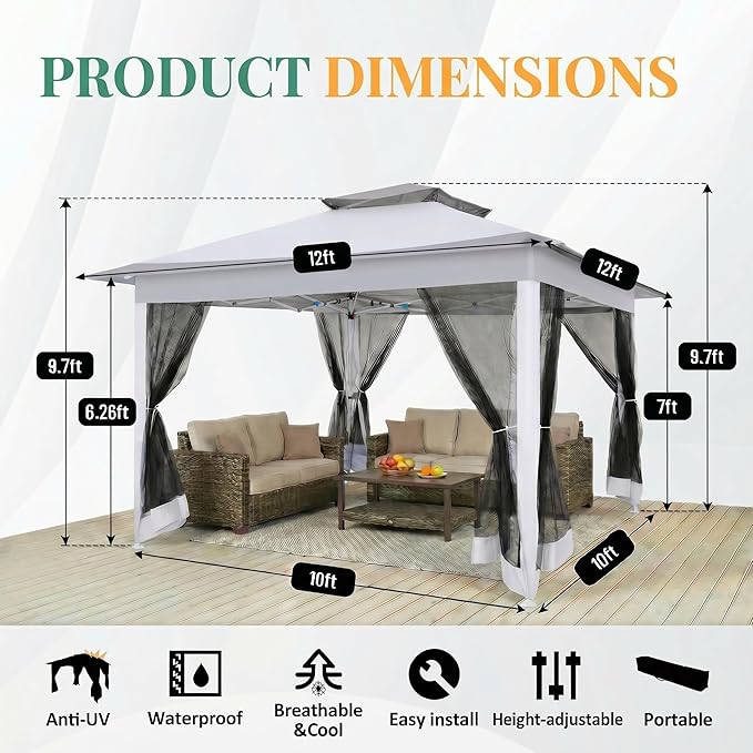 COBIZI 12x12 Pop Up Gazebos On Clearance - Upgrade Easy Up Metal Outdoor Gazebo Waterproof - Portable Gazebo with Mosquito Nettings, 4 Ropes 8 Stakes and Carry Bag for Patio Garden(Light Gray)
