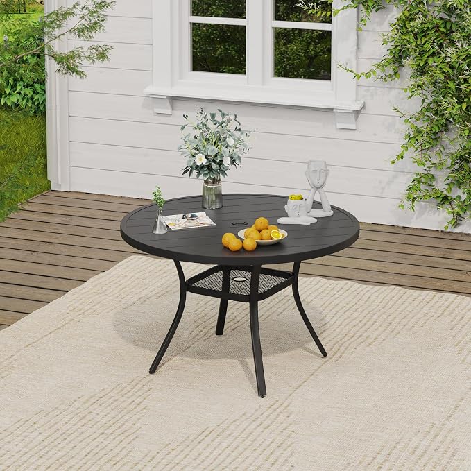 VICLLAX Round Patio Dining Set for 4, Metal Slatted Patio Table with Umbrella Hole and Stackable Patio Chairs for Deck Lawn Garden, Brown Fabric and Black Tabletop