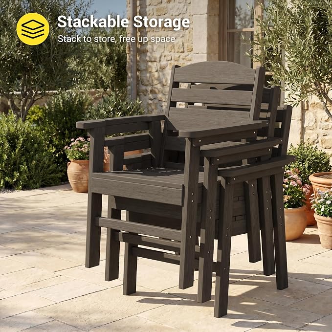 HDPE Outdoor Dining Chairs Set of 2 | Weather Resistant Patio Stackable Chairs for Garden, Backyard, Lawn and Poolside, Brown