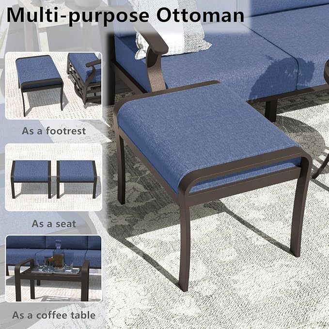 Kullavik Aluminum Patio Furniture Set,9 Piece Modern Metal Outdoor Patio Furniture w/5.1'' Thick Cushion,Swivel Chairs,Ottomans and Propane Fire Pit Table,Patio Conversation Sets for Porch,NavyBlue