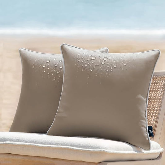 Phantoscope Pack of 2 Outdoor Waterproof Solid Throw Decorative Pillow Cover Decorative Square Outdoor Pillows Cushion Case Patio Pillows for Couch Tent, Light Coffee 20x20 inches 50x50 cm