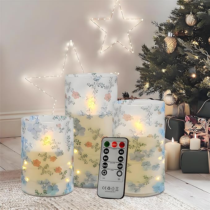 Printed Flameless Candles with String Lights - Set of 3 Battery Operated Candle Flickering Floral LED Pillar Candles with Timer Remote for Home Decor Romantic Ambiance,LT