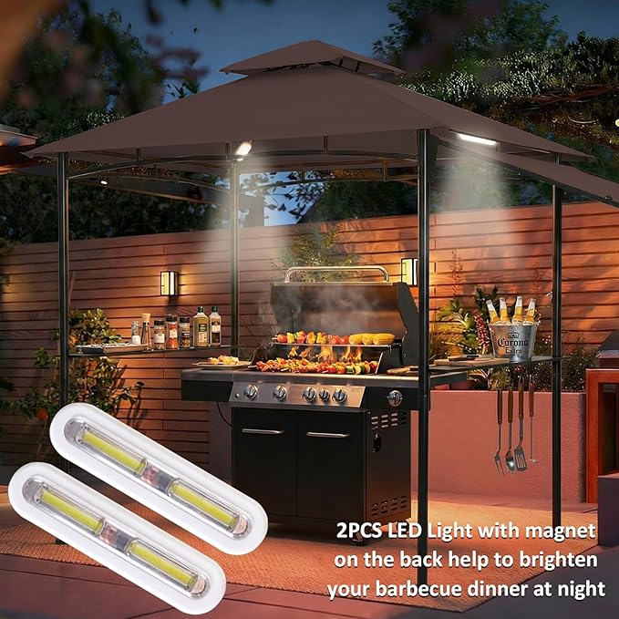 FAB BASED 5x8 Grill Gazebo with Extra Awning, All-Weather Steel Construction, Double Tiered & Resistant Canopy Roof, Metal Serving Shelves, 2 LED, Bottle Opener for Patio, Backyard, BBQ (Brown)