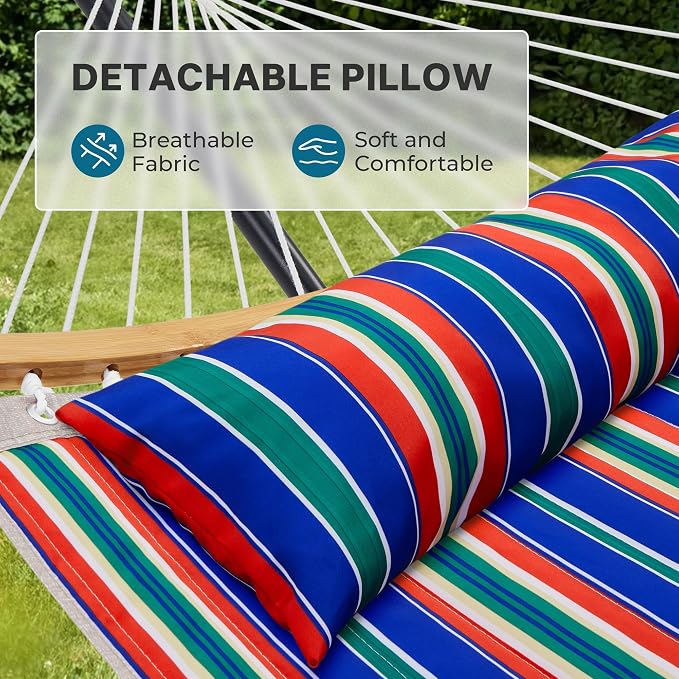 SUPERJARE Curved-Bar Hammock with Stand, 2 Person Heavy Duty Hammock Frame, Detachable Pillow & Portable Carrying Bag, Perfect for Outdoor & Indoor, Retro Blue and Green