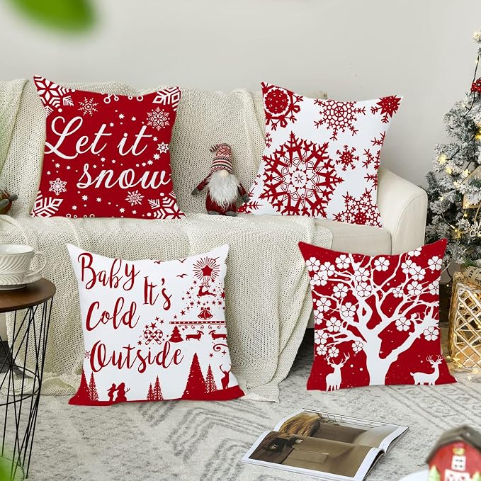 22x22 Christmas Pillow Covers Happy Winter Snowflakes Let It Snow Deer Soft Velvet Baby It's Cold Outside Decorative Throw Cushion Cases for Sofa Farmhouse Couch Square 22 Inch Set of 4