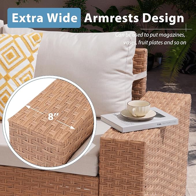 JOIVI 6-Piece Outdoor Sectional Patio Furniture Set, All-Weather Wicker Conversation Sectional with 8” Wide Armrests & 4” Cushions, Modular L-Shaped Sofa for Backyard, Garden & Porch, Beige