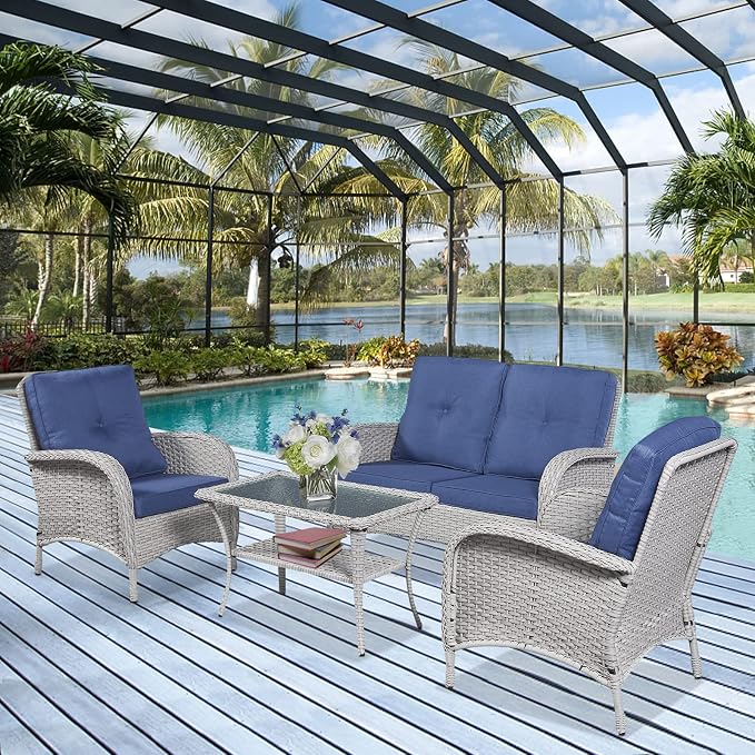 Belord Outdoor Wicker Loveseat with Coffee Table, Patio Loveseat Sofa 2 Piece Outdoor Wicker Furniture Set for Patio Porch Deck Balcony Light Beige/Blue