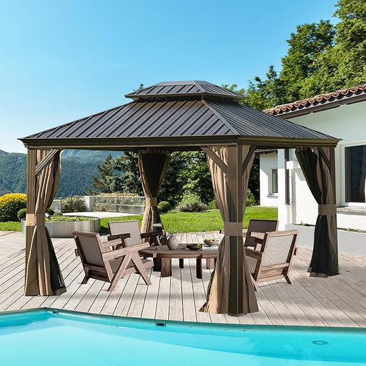 Domi 10’x12’ Hardtop Gazebo with Gutters, Outdoor Metal Gazebo for Patios with Galvanized Steel Double Roof, Heavy Duty Curtains and Netting Included, Pergola for Backyard, Garden Lawn, Deck, Brown