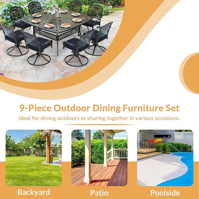 9 Piece Outdoor Patio Dining Set for 8, Cast Aluminium Large Square Dining Table & 4 Swivel Rocker Chairs, 4 Stationary, 8 Cushions, Umbrella Hole, Patio Furniture Set for Garden, Navy Blue