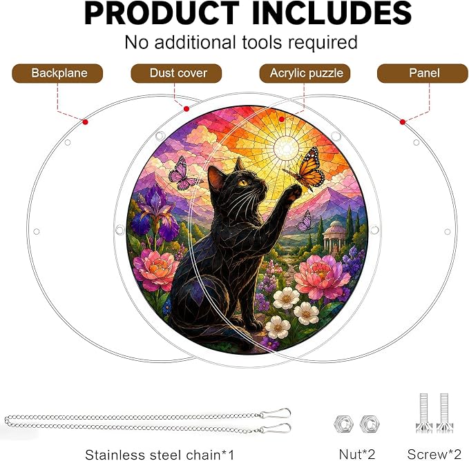 Acrylic Puzzle Suncatcher - Black Cat Jigsaw Puzzle Sun Catcher 7.5in | Stained Glass Window Hanging, DIY Sun Catcher Puzzle Kit Home Decor, Gifts for Women, Men, Mom and Cat Lovers.