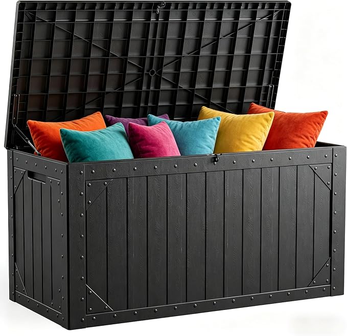 Outdoor Storage Box, 95 Gallon Deck Box Outdoor Storage Bench, Outside Waterproof Resin Storage Bench, Lockable Patio Cushions, Garden Tools Storage for Furniture, UV Resistant (Black)