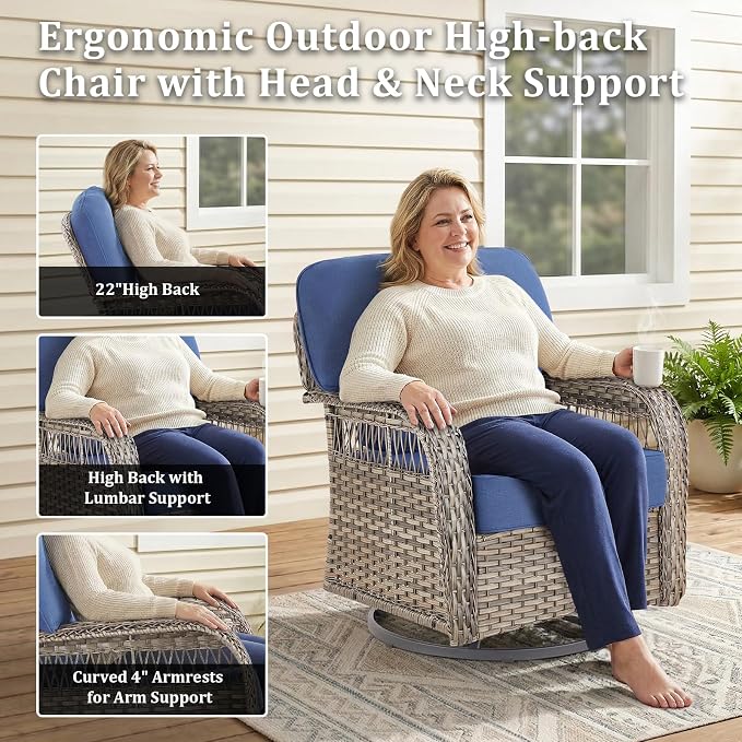 2 PCS Patio Swivel Rocking Chairs, Outdoor Wicker Furniture Set with 5-Inch Thick Olefin Cushions, 360° Swivel Rocker Patio Chairs for Garden, Porch, Backyard, Blue/Gray Wicker