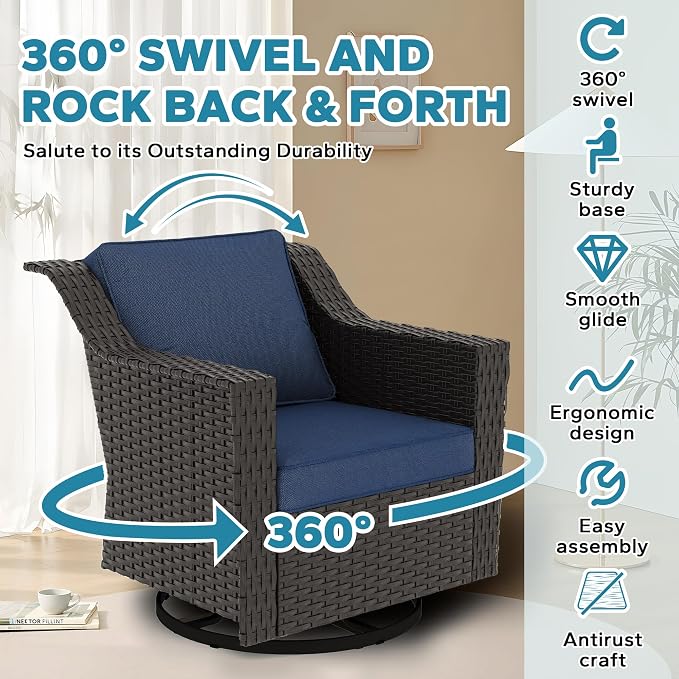 7 Pieces Outdoor Conversation Furniture Set - 77" Patio Sofa, 2 Swivel Rocker Chairs, 2 Ottomans, 1 Side Table, 1 Metal Table, Wicker Couch with Washable Cushions for Balcony (Navy Blue)