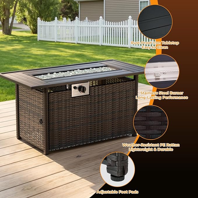 LEVELEVE 8-Piece Wicker Patio Conversation Set with 44" Propane Fire Pit Table, Cozy Outdoor Sectional Sofa for Backyard Gatherings, Poolside Lounging & Garden Parties