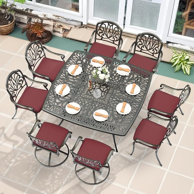MEETWARM 9-Piece Outdoor Patio Dining Set for 8, All Weather Cast Aluminum Patio Funiture Table and Chairs Set- Large 64" Square Table and 2 Swivel Rocker Chairs, 6 Stationary, Umbrella Hole, Red