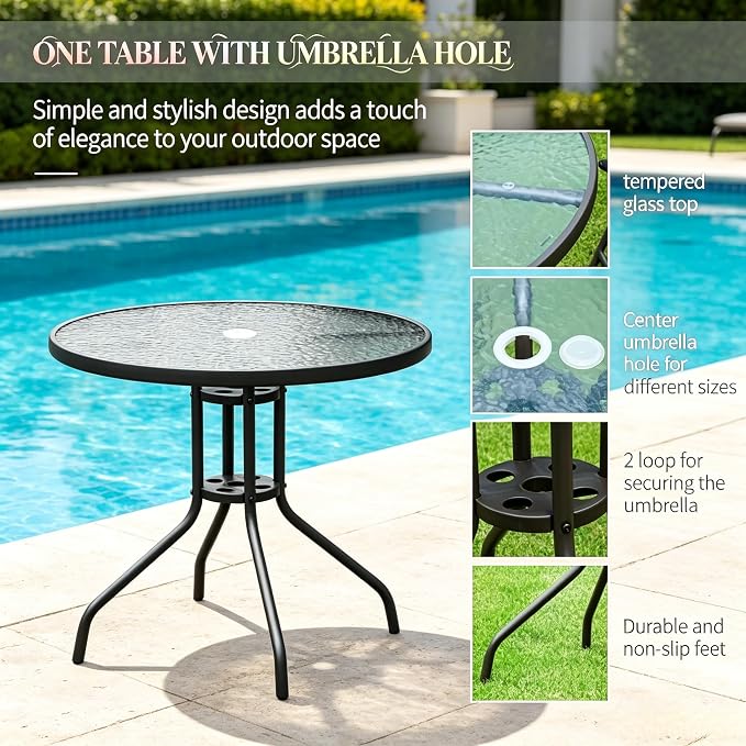 6-Piece Outdoor Dining Set with Umbrella, 4-Person Patio Furniture Set, Folding Chairs & Tempered Glass Table, 31.5" Dia. Table