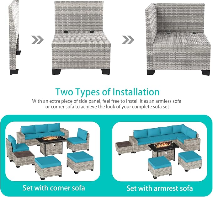 9-Piece Outdoor Patio Furniture Set with 55,000 BTU Fire Pit Table, PE Wicker Rattan Sectional Sofa Patio Conversation Set with Ottomans & Coffee Table, Turquoise