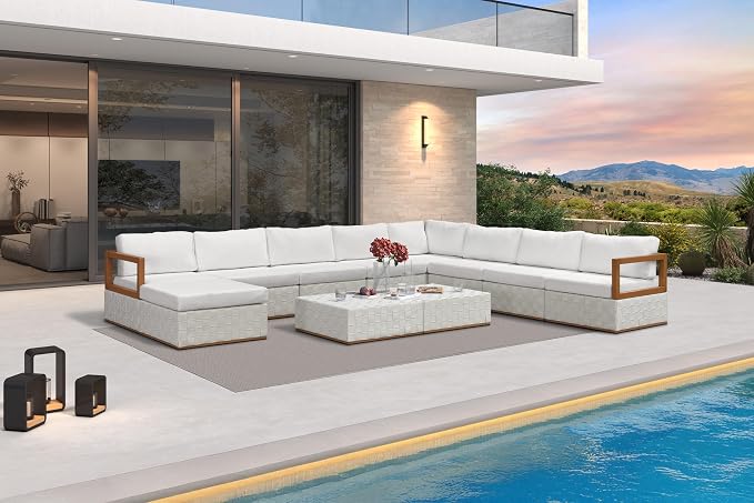 PURPLE LEAF Patio Outdoor Furniture Set 11 Pieces, Premium Leather Outdoor Couch Sectional Sofa, L-Shaped Patio Couch with Olefin Cushions, Patio Conversation Sets for Porch, Balcony, Garden, White