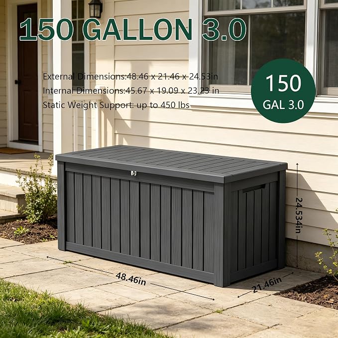 Outdoor Storage Box, 150 Gallon Waterproof Deck Box [Upgraded 3.0], Piston-Assisted Resin Trunk for Sectional Sofa Cushions, High-Capacity Lockable Double Storage Bench, Patio Lounge, Black