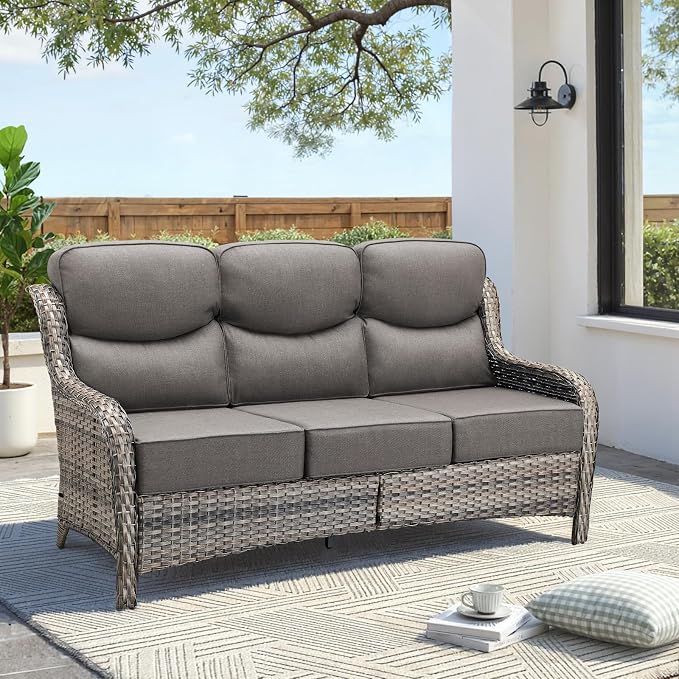 Luxury Outdoor Patio Furniture Set-Wicker High Backrest 3-Seat Patio Sofa with Comfy 6" Cushion, Rattan Couch with Deep Seat All-Weather Patio Conversation Set for Deck Backyard Garden(Grey/Grey)