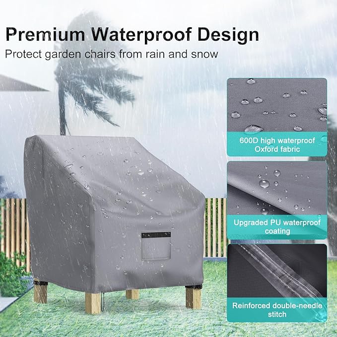 Patio Chair Covers for Outdoor Furniture Waterproof 2 Pack, Lawn Chair Covers 600D Heavy Duty Oxford Cloth, Large Covers for Lounge Lawn Deep Seat 30" W x 27" D x 36" H-Gray