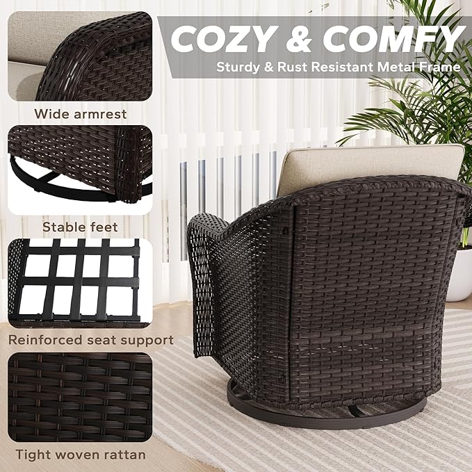 5 PCS Outdoor Conversation Set | 55" Couch, 4 Swivel Chairs, Patio Wicker Conversation Furniture with Removable Cushions for Bistro, Deck, Sunroom (Beige)