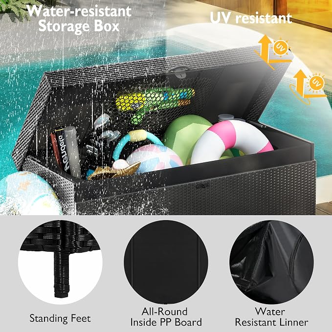 200 Gallon Wicker Deck Box with Wheels, All-Weather Outdoor Storage Box, Rattan Storage Bin for Patio Furniture, Outdoor Cushions, Pool Storage and Garden Tools - Black