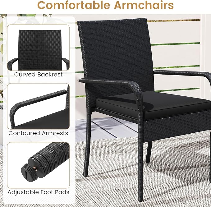 Tangkula 3 Pieces Patio Furniture Set, PE Rattan Outdoor Cushioned Conversation Chairs with 2-Tier Tempered Glass Tabletop Table, for Balcony, Garden and Poolside (Black)