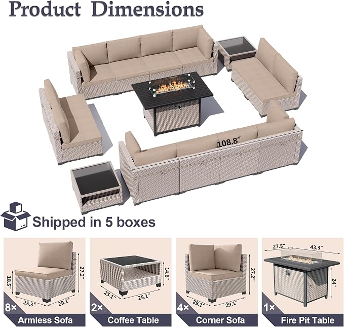 Patio Furniture Set, 15-Piece Outdoor Sectional Sofa with 60,000 BTU Fire Pit Table & 2-Layer Glass Coffee Table, Wicker Patio Conversation Set with Khaki Cushions