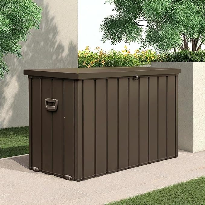 ChicFurnit Outdoor Storage Box, 200 Gallon Deck Box with Lockable Metal Lid & Portable Side Handles, Outdoor Storage Bin with Stable Support Rod, Soft Close Mechanism & Mobility Rollers, Dark Brown