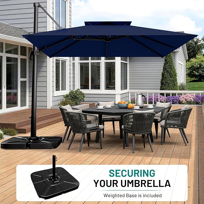 AreShark 11×11FT Double-Top Cantilever Patio Umbrella with Base Included, Offset Umbrella with 360 Degree Rotation, Heavy Duty Patio Umbrella for Garden Deck Pool, 5 Tilt Angles, Navy
