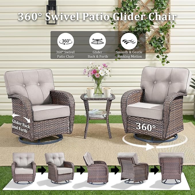 Patio Furniture Set, 5PCS Outdoor Wicker Conversation Set, High Back Rattan Sofa & Swivel Rocker Chairs, Weather Resistant Olefin Fabric for Garden, Poolside Brown/Beige