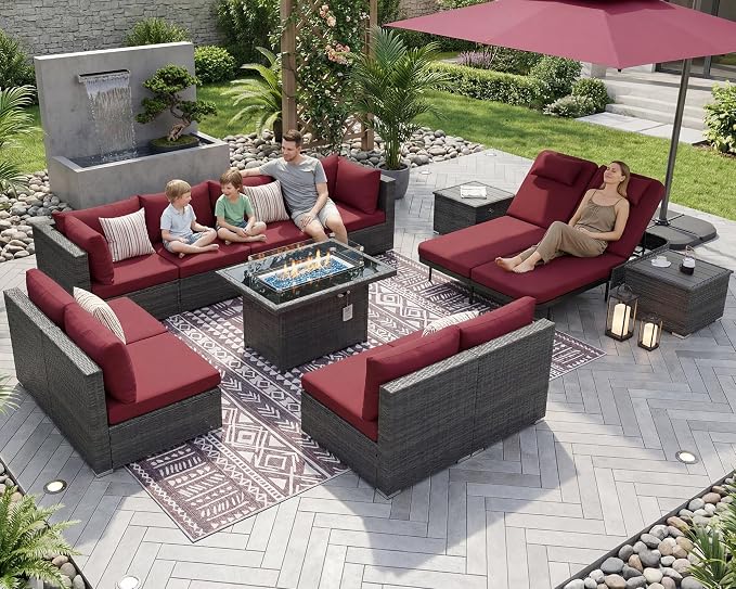NICESOUL 13 Piece Outdoor Furniture with Fire Pit, Luxurious Wicker Patio Sectional with Fire Pit & Chaise Lounge, 500 lbs Heavy Duty 10-Person Deep Wide Couch Set for Deck, Lawn, Grey & Burgundy